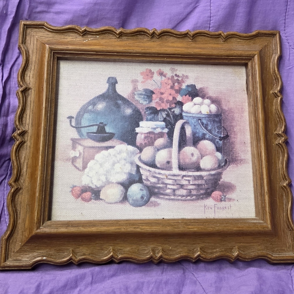 Vintage Ken Forrest 1980s Wood Style Framed Still Life Art